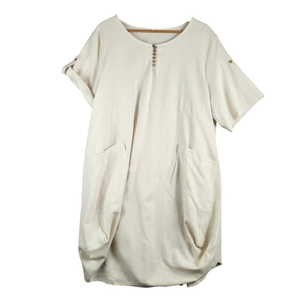 Casual Cream Short-Sleeve Pocket Dress
